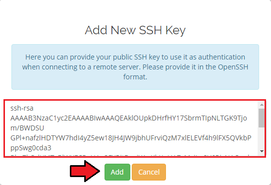 Virtuozzo Hybrid Server For WHMCS: Add New SSH Key window with a public key pasted in OpenSSH format