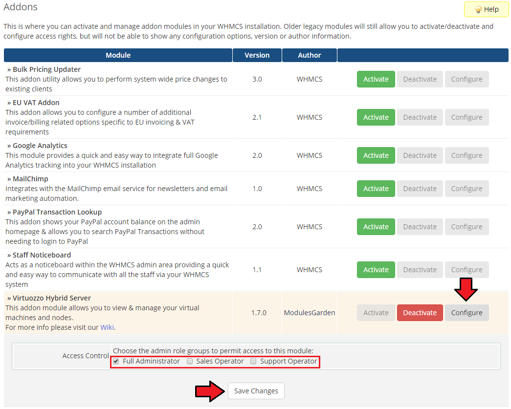 Virtuozzo Hybrid Server For WHMCS: WHMCS Addon Modules access control with Full Administrator ticked and Save Changes