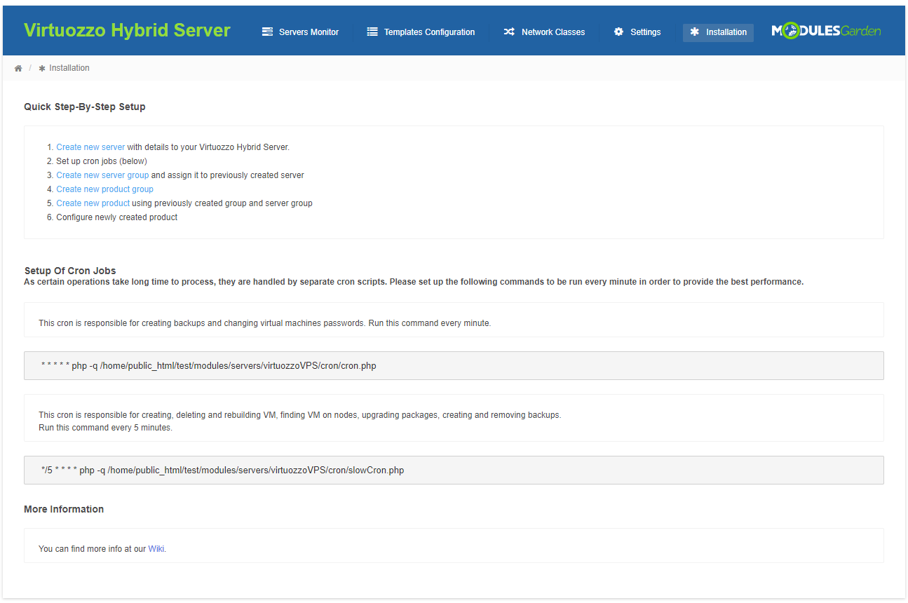 Virtuozzo Hybrid Server For WHMCS: addon Installation tab with setup steps and cron commands for cron.php and