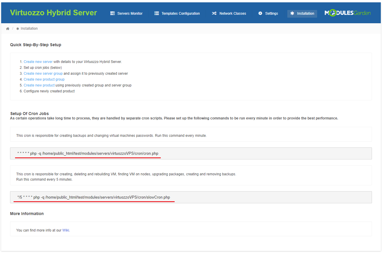 Virtuozzo Hybrid Server For WHMCS: addon Installation tab with the quick setup steps and cron job commands to configure