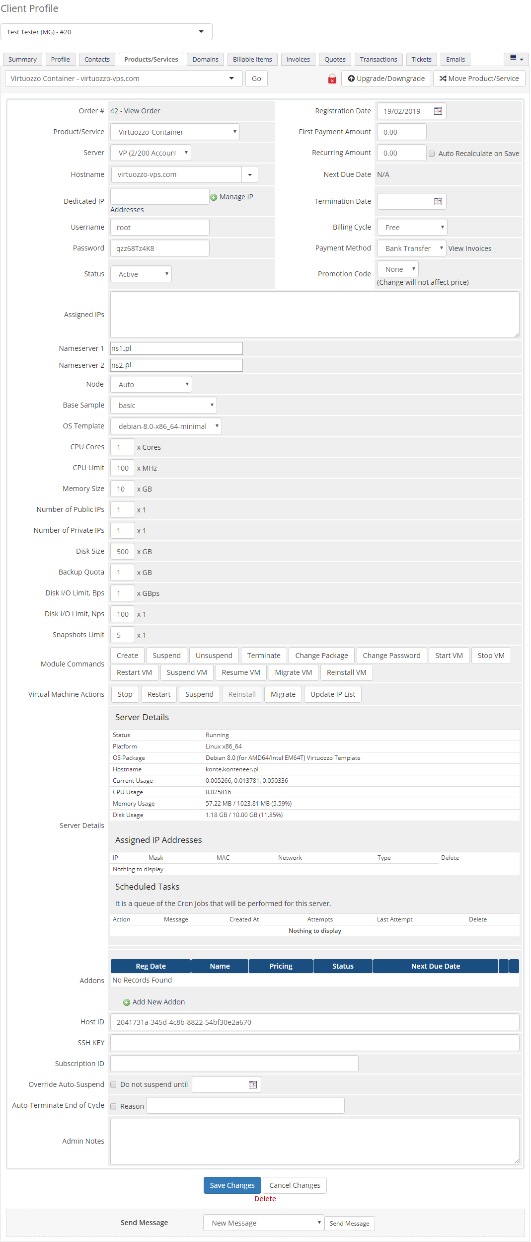 Virtuozzo Hybrid Server For WHMCS: admin area client product page with Virtuozzo module commands and virtual machine