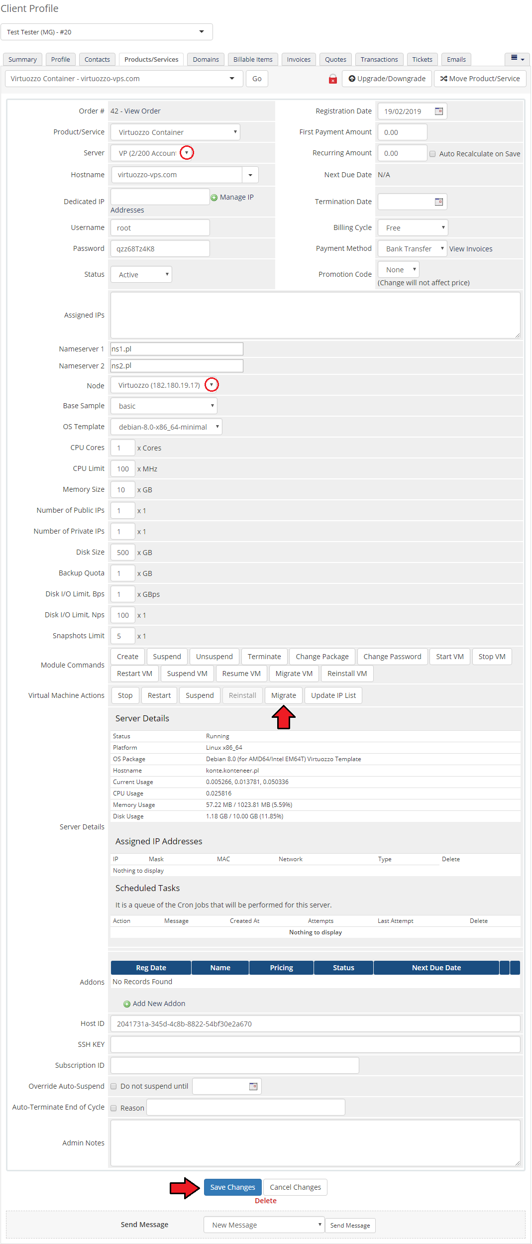 Virtuozzo Hybrid Server For WHMCS: WHMCS admin product page with Node selection, Migrate and Save Changes marked
