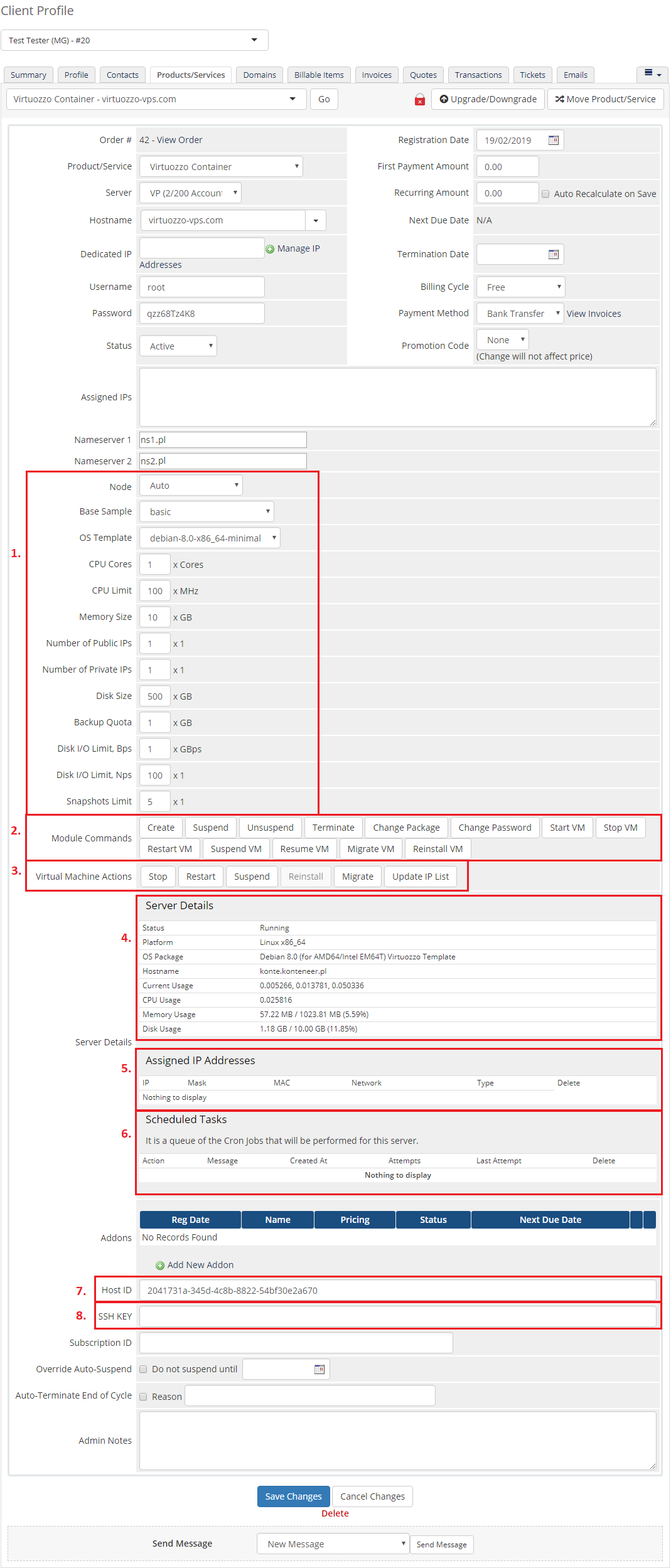 Virtuozzo Hybrid Server For WHMCS: WHMCS admin product page with numbered module sections, commands and VM actions