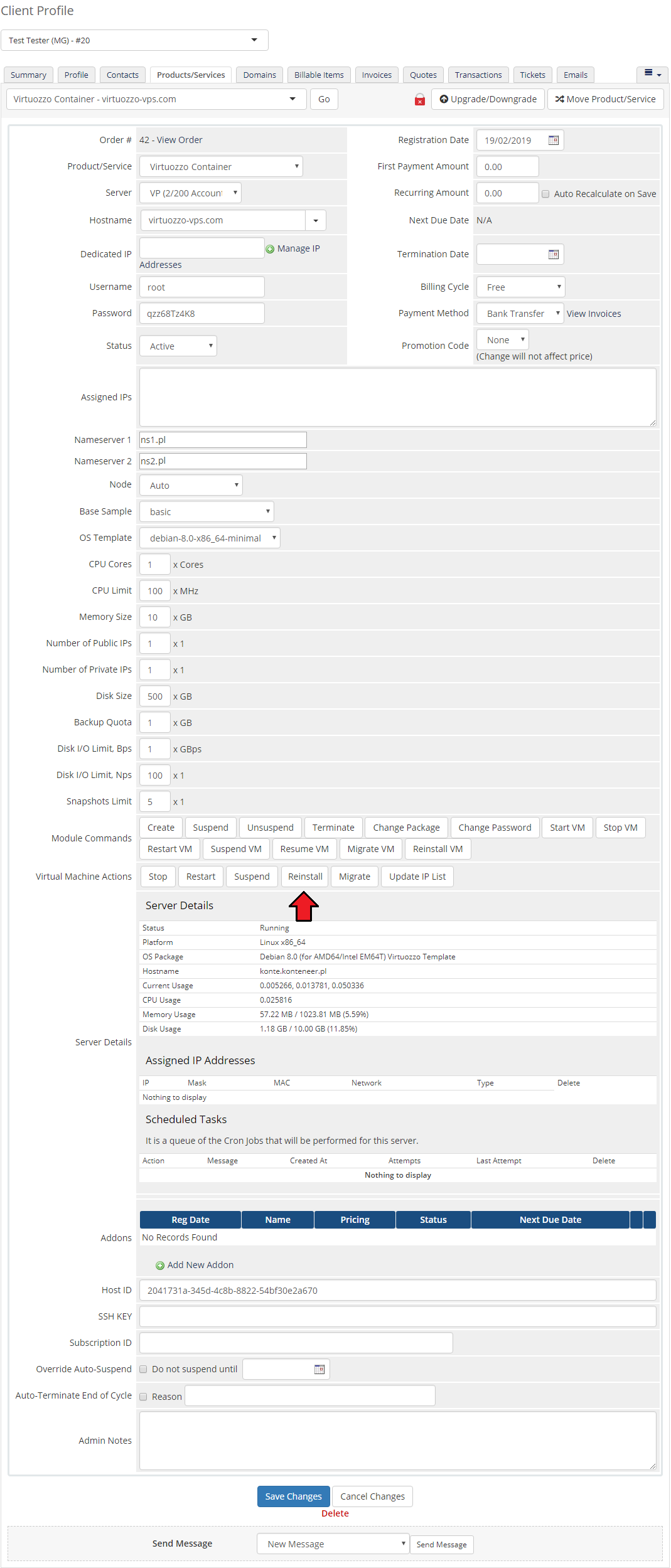 Virtuozzo Hybrid Server For WHMCS: WHMCS admin product page with the Reinstall button in Virtual Machine Actions marked