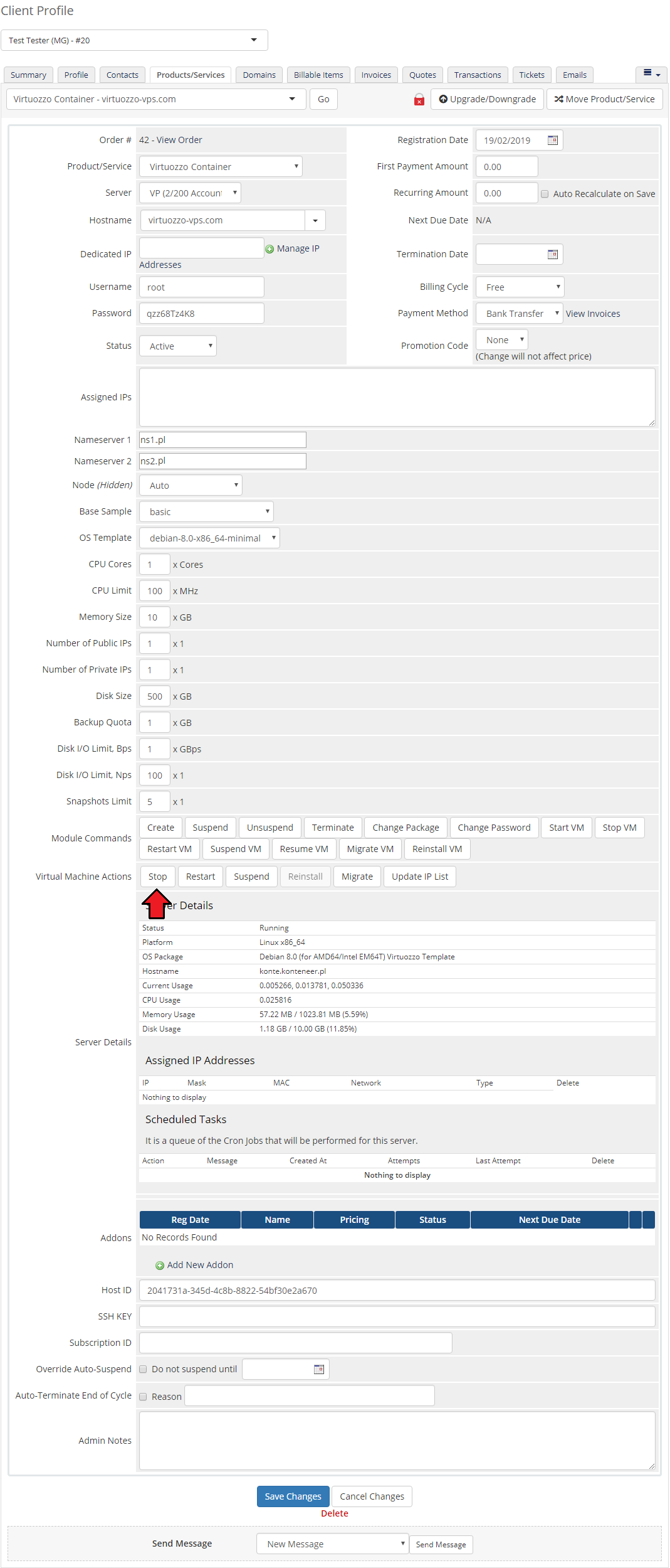 Virtuozzo Hybrid Server For WHMCS: WHMCS admin product page with the Stop button in Virtual Machine Actions marked