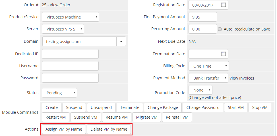 Virtuozzo Hybrid Server For WHMCS: WHMCS admin product page with Assign VM by Name and Delete VM by Name buttons