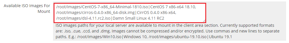 Virtuozzo Hybrid Server For WHMCS: Available ISO Images For Mount field with ISO paths and friendly operating system