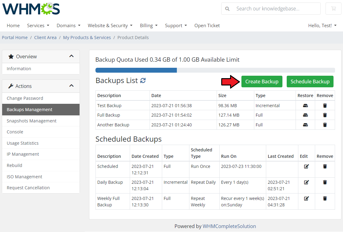 Virtuozzo Hybrid Server For WHMCS: client area Backups Management with the Create Backup button