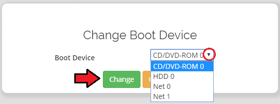 Virtuozzo Hybrid Server For WHMCS: Change Boot Device dialog with the list of CD/DVD-ROM, HDD and network devices