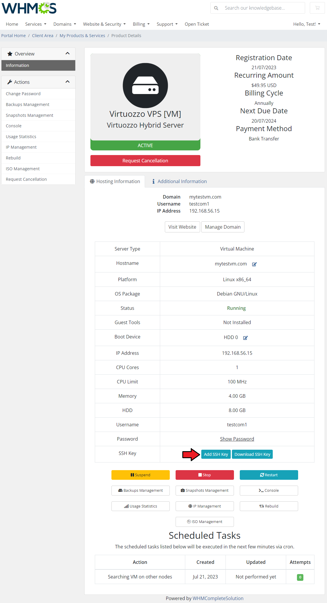 Virtuozzo Hybrid Server For WHMCS: Client area virtual machine page with the Add SSH Key button marked