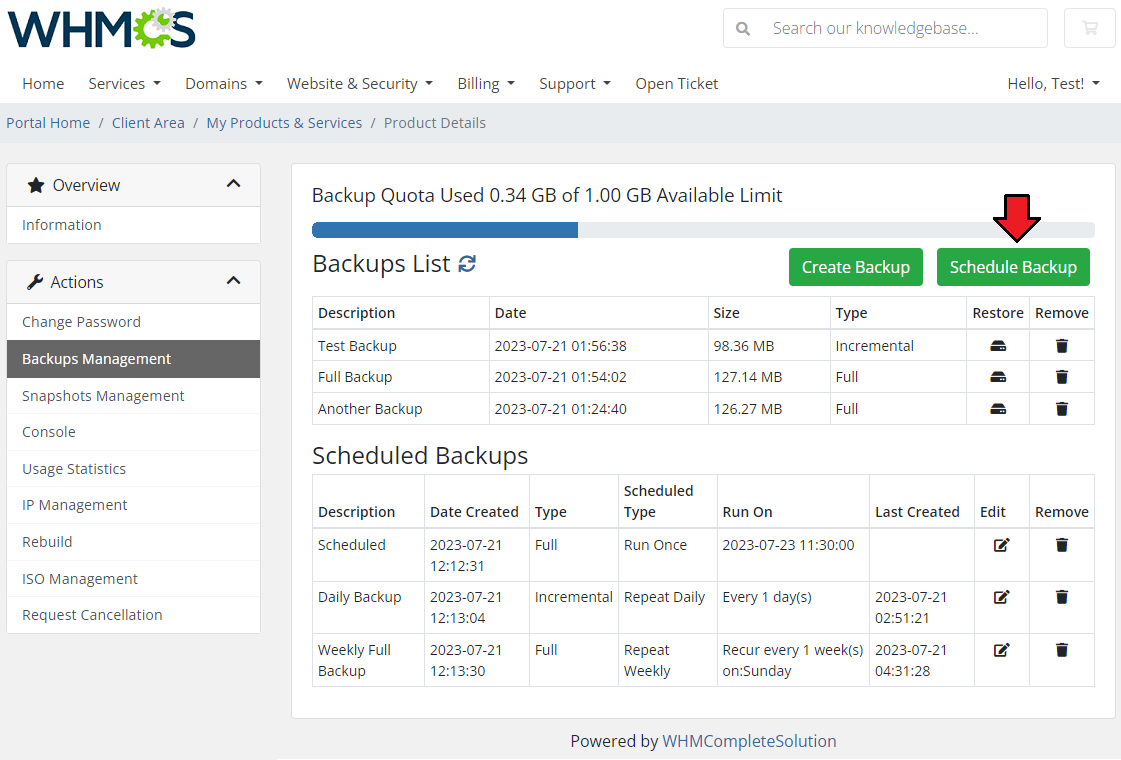 Virtuozzo Hybrid Server For WHMCS: Client area Backups Management page with Schedule Backup button marked