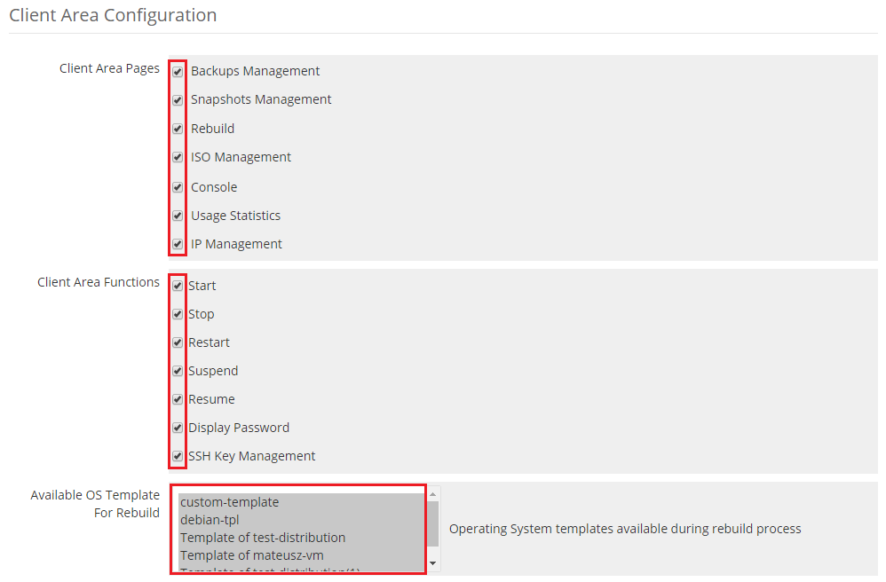 Virtuozzo Hybrid Server For WHMCS: Client Area Configuration section with client area pages, functions and rebuild