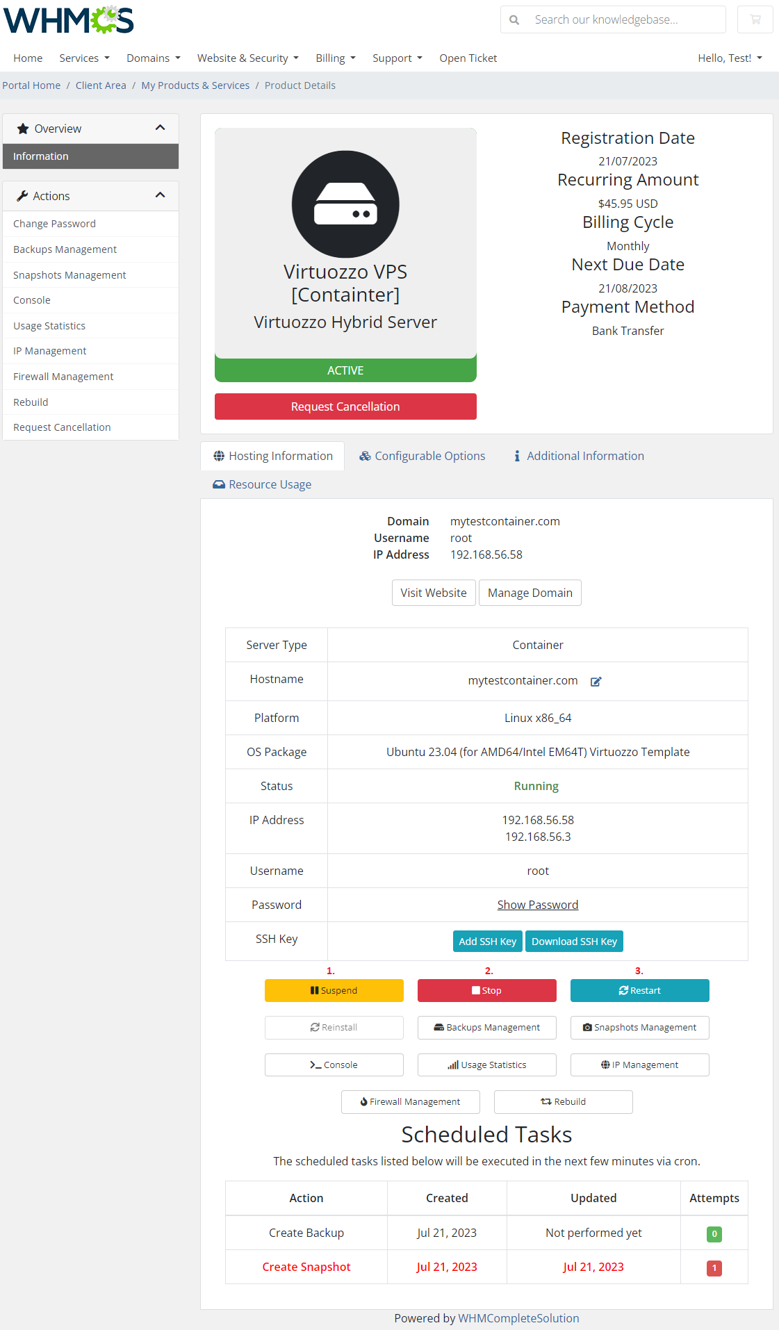 Virtuozzo Hybrid Server For WHMCS: Client area container product page with Suspend, Stop and Restart actions
