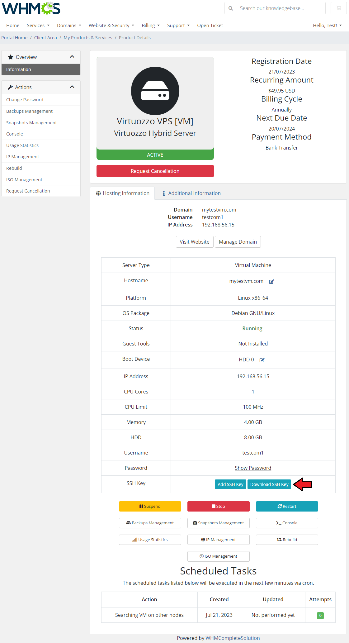 Virtuozzo Hybrid Server For WHMCS: Client area virtual machine page with the Download SSH Key button marked