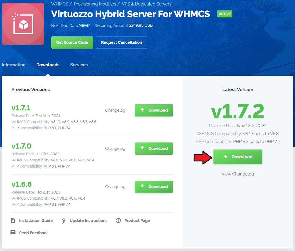 Virtuozzo Hybrid Server For WHMCS: downloads tab in the client area with the Download button for the latest module