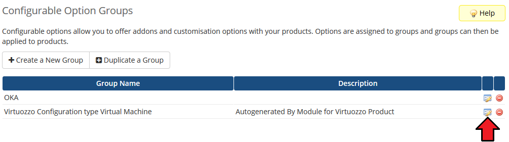 Virtuozzo Hybrid Server For WHMCS: WHMCS admin Configurable Option Groups list with the edit icon of the Virtuozzo group