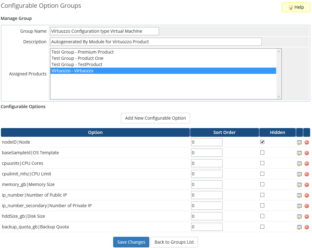 Virtuozzo Hybrid Server For WHMCS: WHMCS admin Configurable Option Groups page for the Virtuozzo group with Hidden