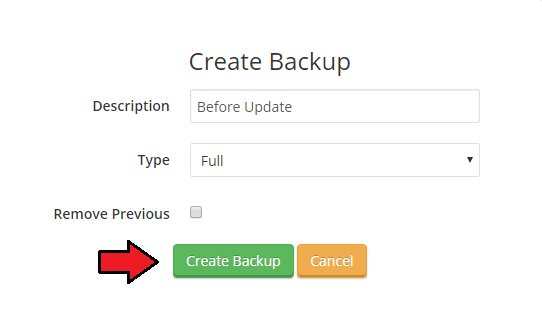 Virtuozzo Hybrid Server For WHMCS: Create Backup dialog with description, type and Remove Previous checkbox