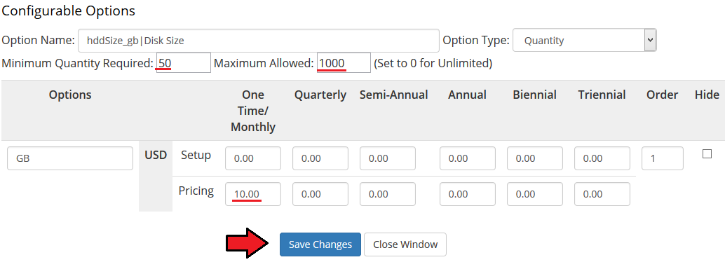 Virtuozzo Hybrid Server For WHMCS: WHMCS admin Disk Size option with maximum allowed value and Save Changes button
