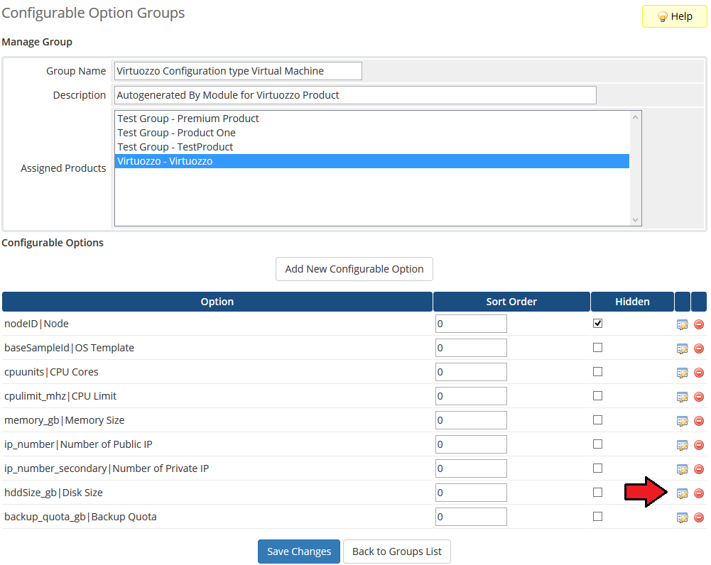 Virtuozzo Hybrid Server For WHMCS: WHMCS admin configurable options of the Virtuozzo group with the edit icon for Disk