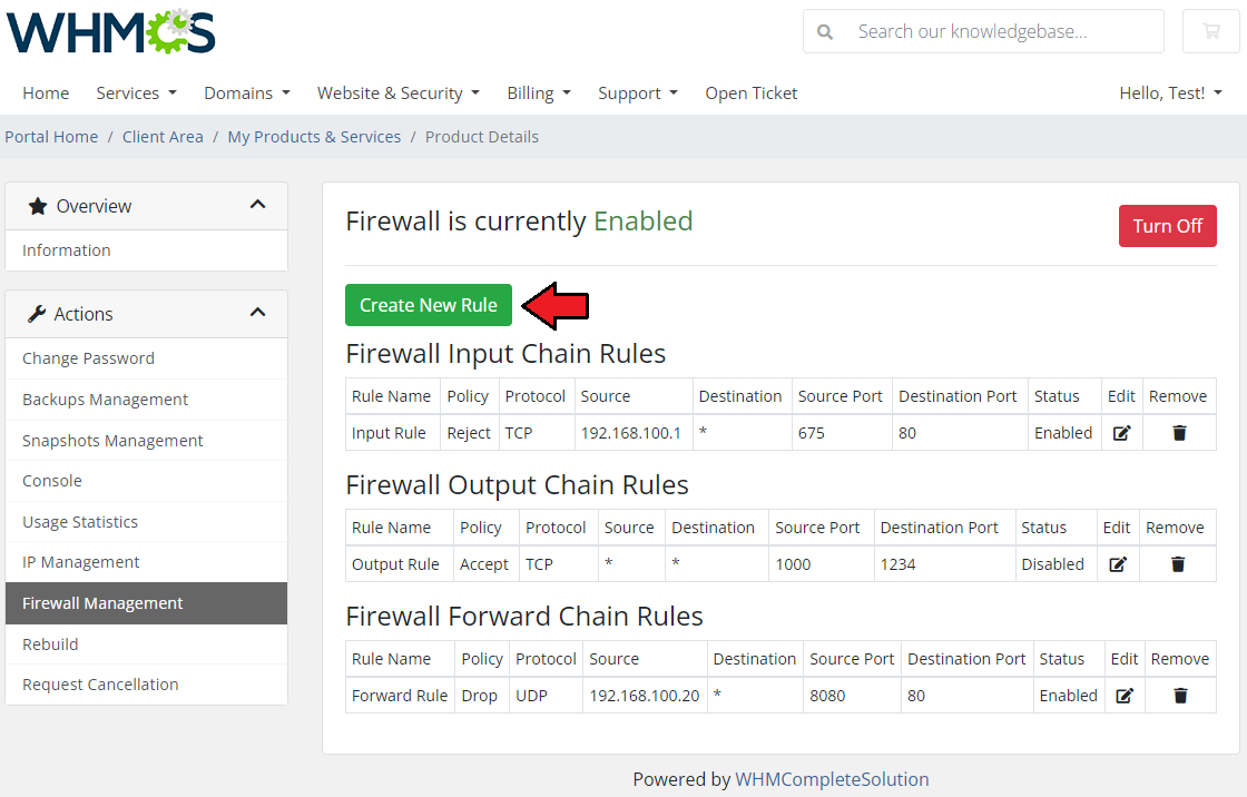 Virtuozzo Hybrid Server For WHMCS: client area Firewall Management with rule lists and the Create New Rule button