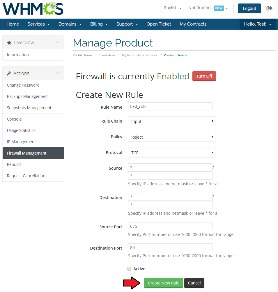 Virtuozzo Hybrid Server For WHMCS: Create New Rule form in client area Firewall Management with ports and policy