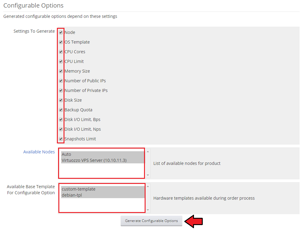 Virtuozzo Hybrid Server For WHMCS: Configurable Options section with settings to generate and the Generate button