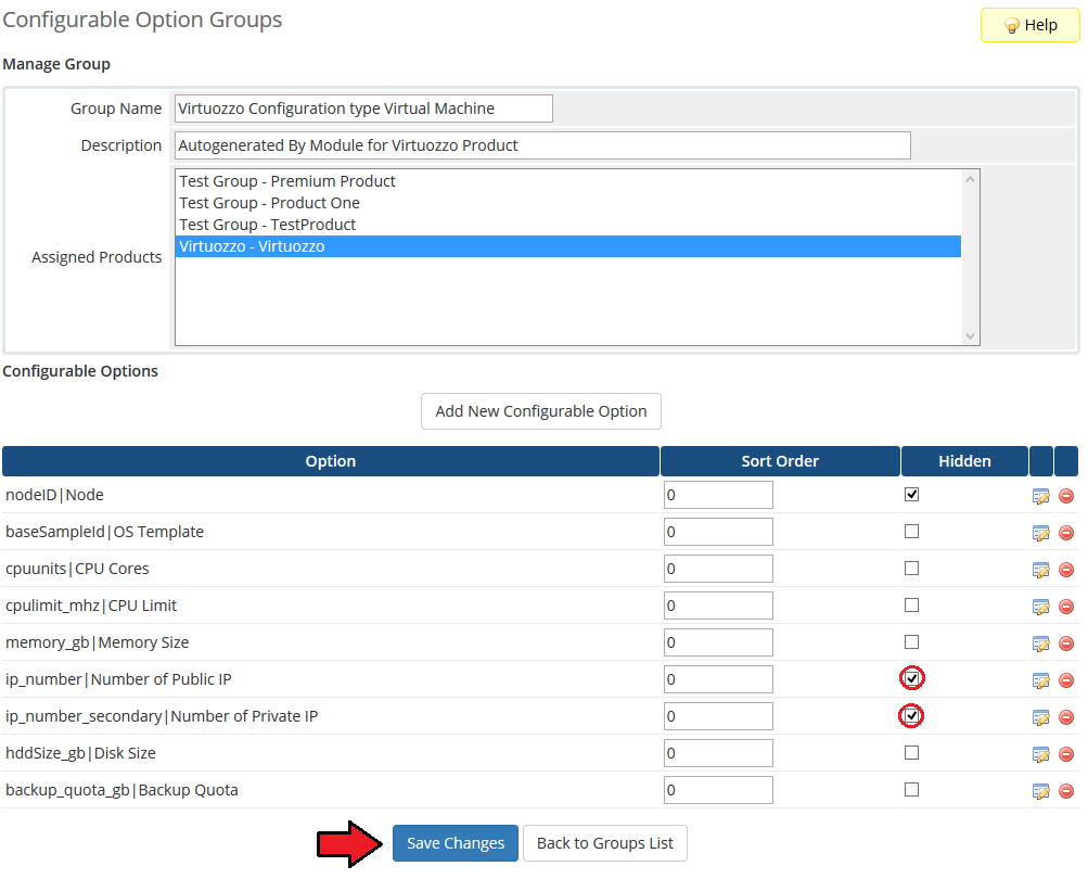 Virtuozzo Hybrid Server For WHMCS: WHMCS admin configurable options with Hidden ticked for public and private IP