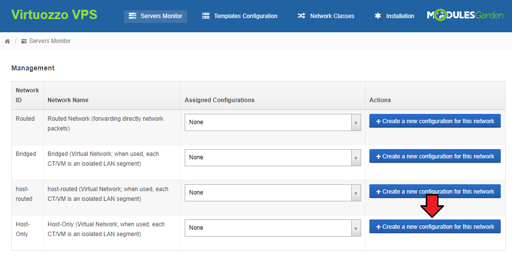 Virtuozzo Hybrid Server For WHMCS: IP Management table of networks with Assigned Configurations set to None