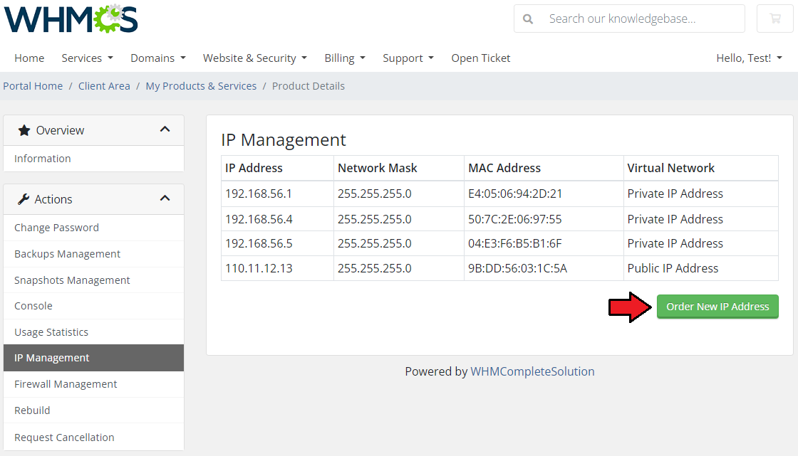 Virtuozzo Hybrid Server For WHMCS: client area IP Management list with the Order New IP Address button
