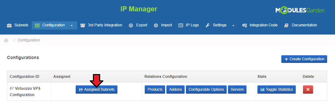 Virtuozzo Hybrid Server For WHMCS: IP Manager Configurations list with the Assigned Subnets button marked