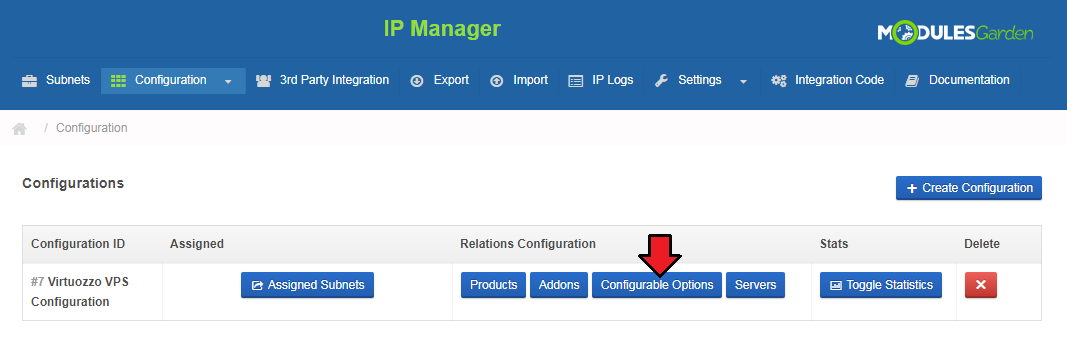 Virtuozzo Hybrid Server For WHMCS: IP Manager Configurations list with the Configurable Options button marked