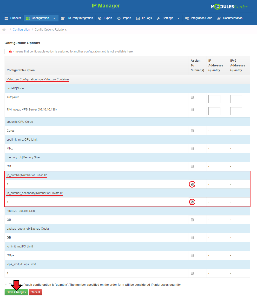 Virtuozzo Hybrid Server For WHMCS: IP Manager configurable options relations with public and private IP options ticked
