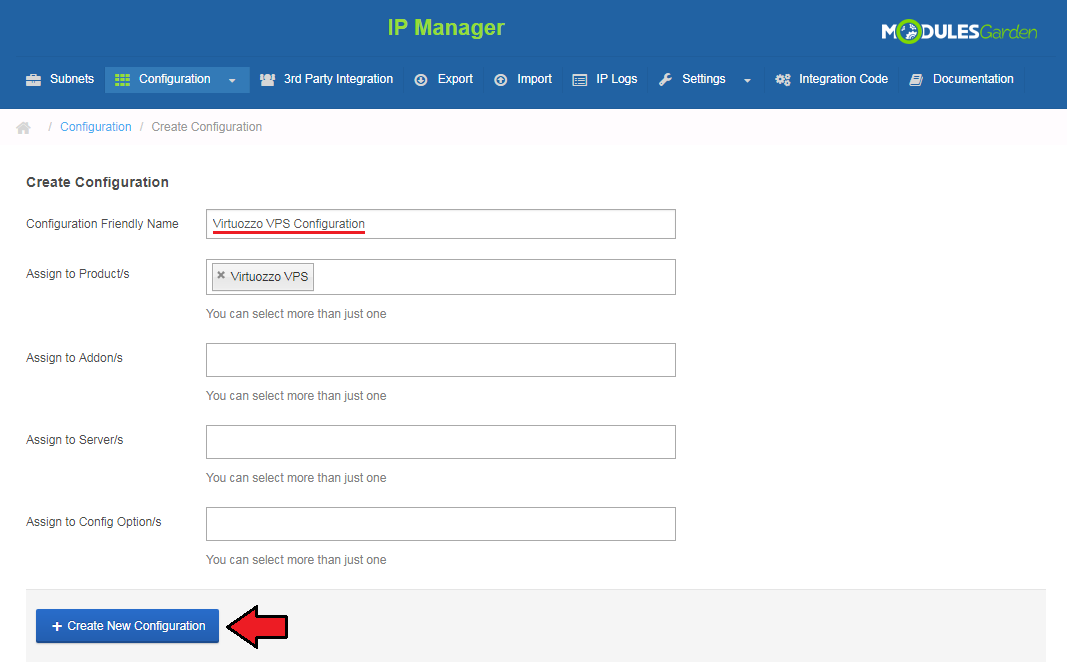 Virtuozzo Hybrid Server For WHMCS: IP Manager Create Configuration form with the Create New Configuration button