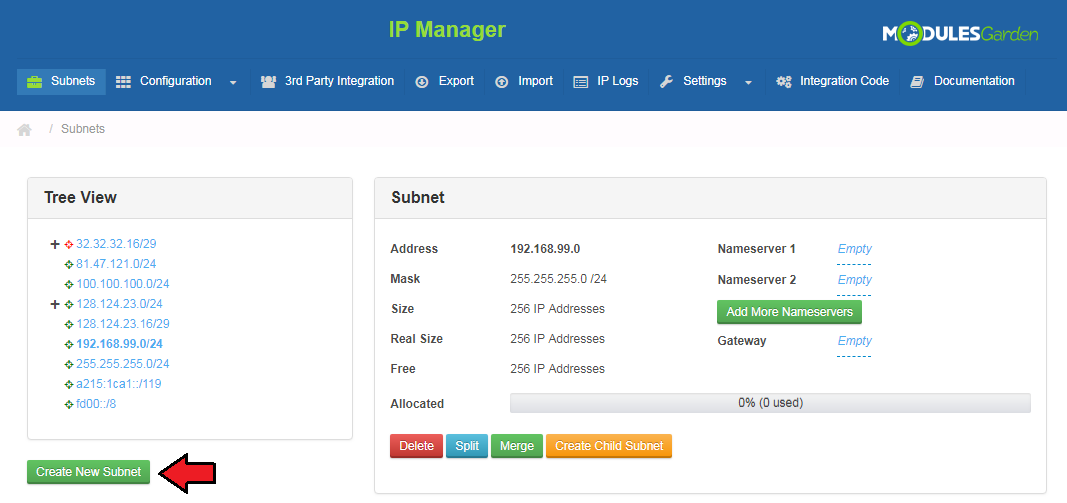 Virtuozzo Hybrid Server For WHMCS: IP Manager Subnets page with subnet details and Create New Subnet button