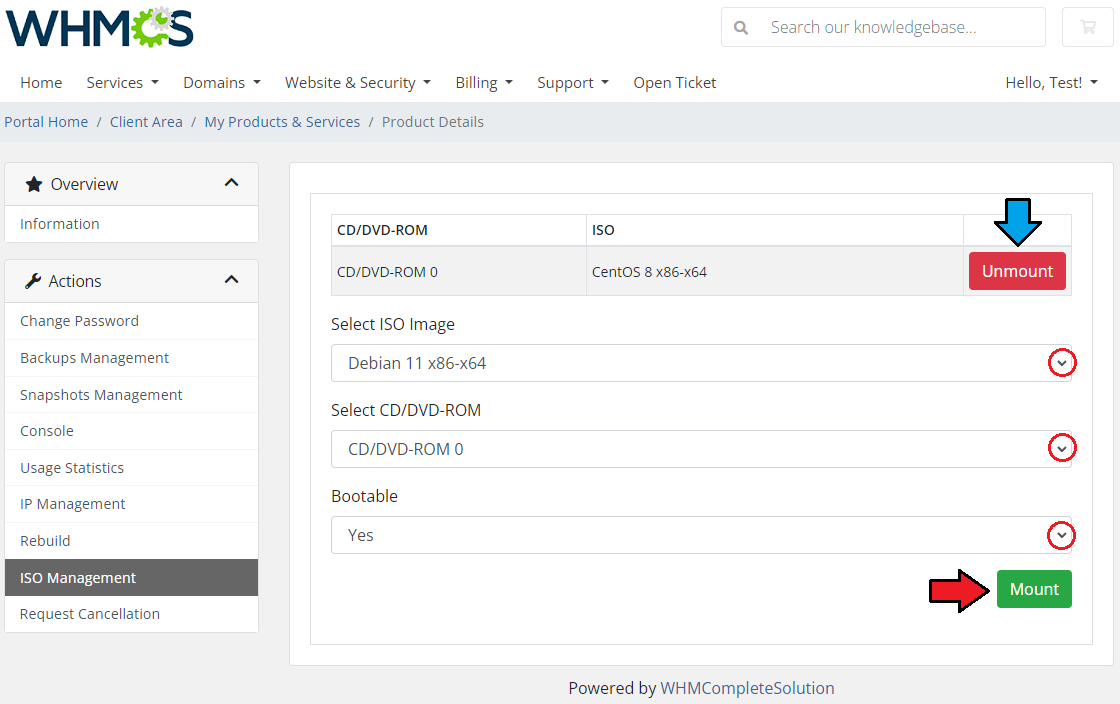 Virtuozzo Hybrid Server For WHMCS: client area ISO Management with ISO image, CD/DVD-ROM and Mount button
