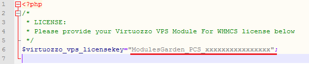 Virtuozzo Hybrid Server For WHMCS: license.php file in a text editor with the license key entered between quotation