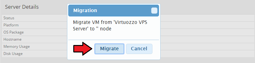 Virtuozzo Hybrid Server For WHMCS: Migration confirmation popup in the admin area with the Migrate button marked