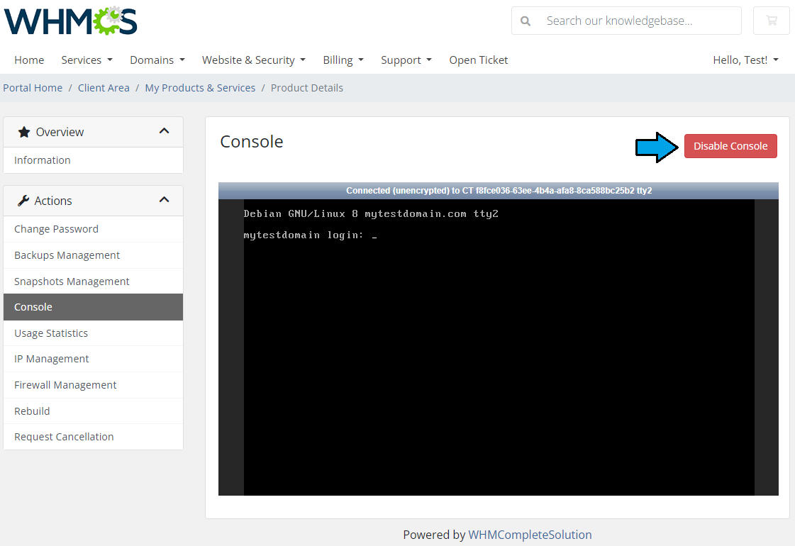 Virtuozzo Hybrid Server For WHMCS: client area Console tab with the noVNC console and Disable Console button