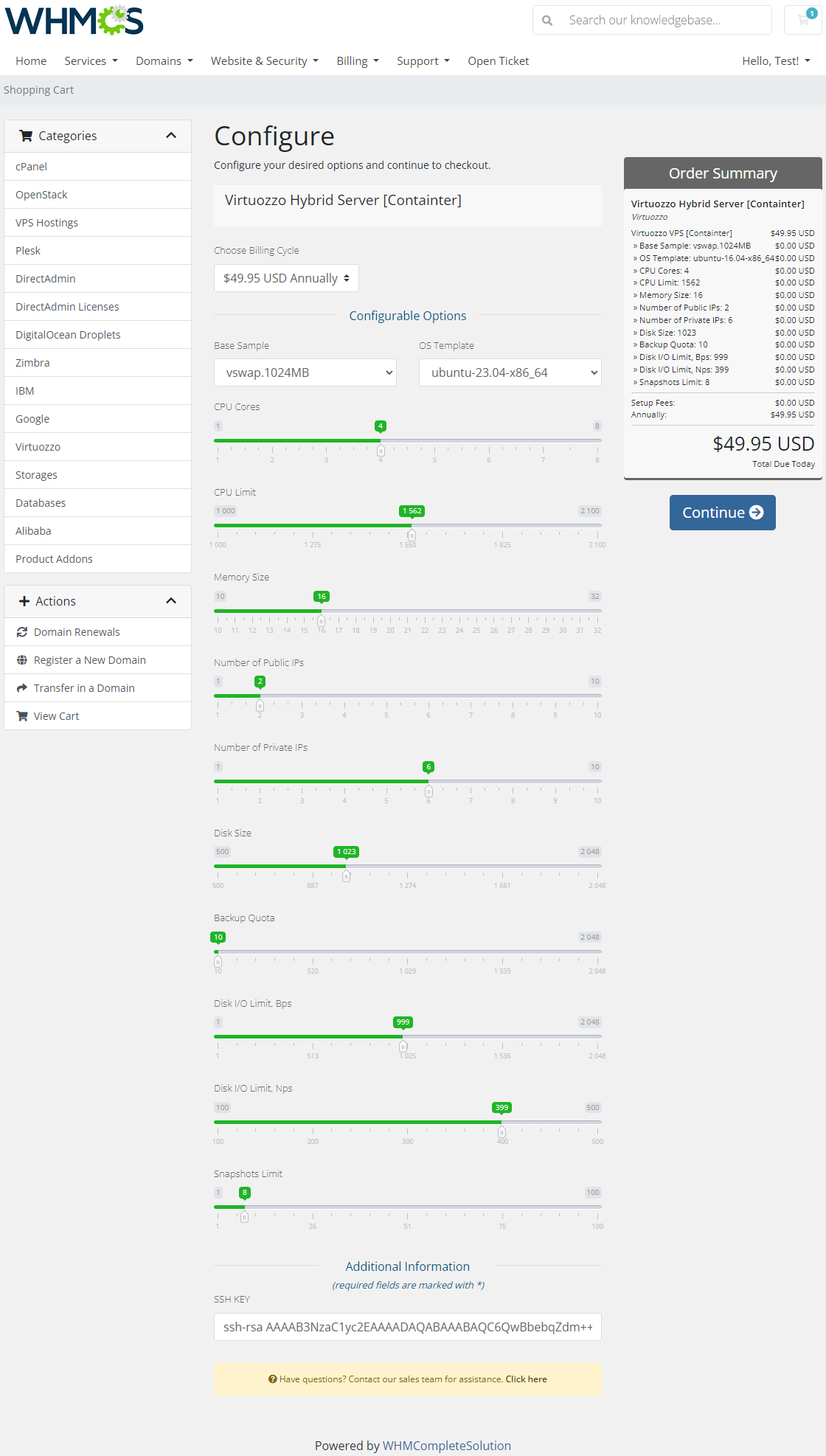 Virtuozzo Hybrid Server For WHMCS: WHMCS order form with configurable option sliders for CPU, memory, disk and IPs