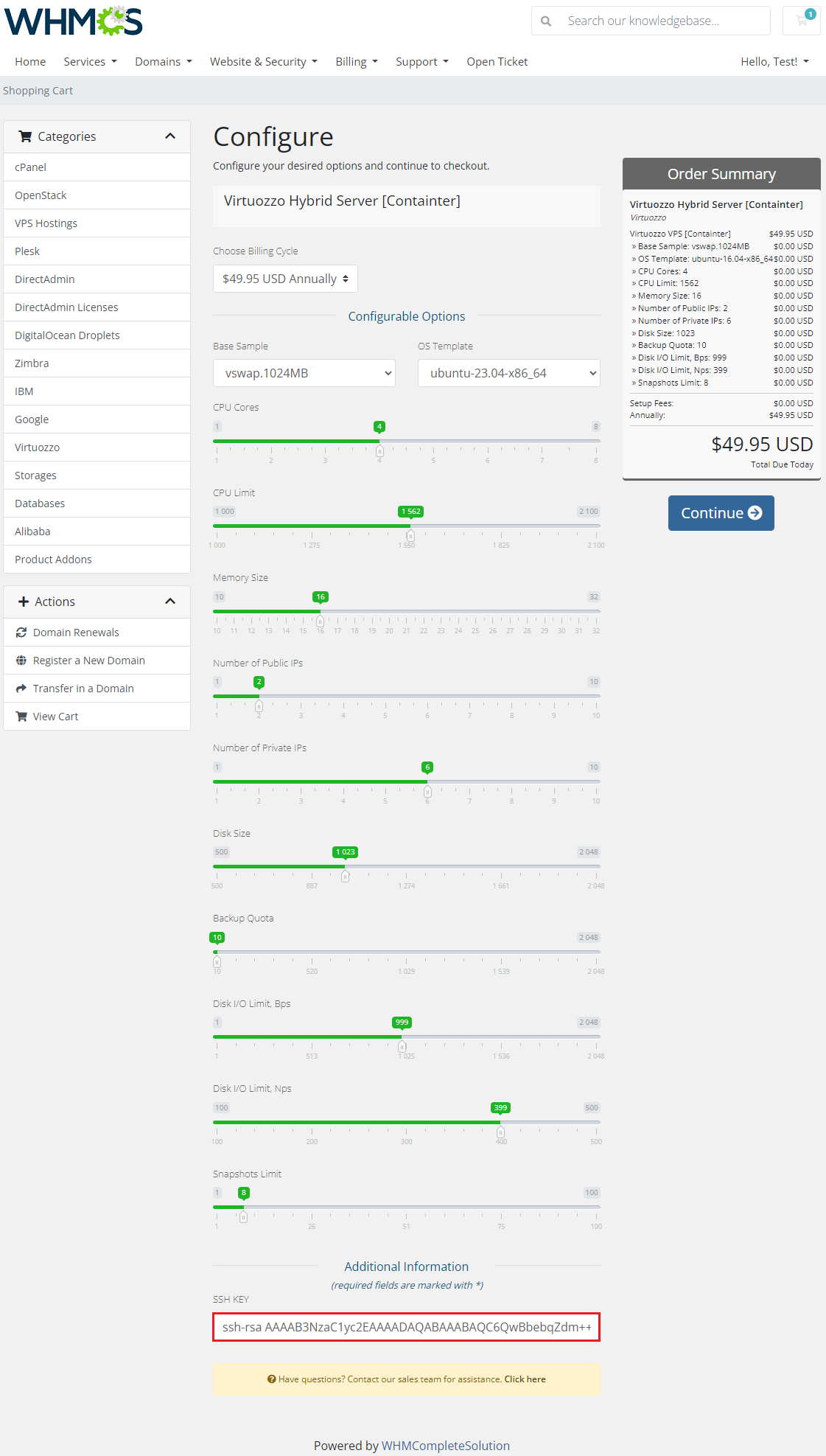 Virtuozzo Hybrid Server For WHMCS: WHMCS order form with configurable options sliders and the SSH Key field marked
