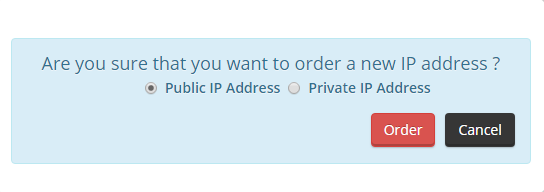 Virtuozzo Hybrid Server For WHMCS: popup to order a new public or private IP address with Order button