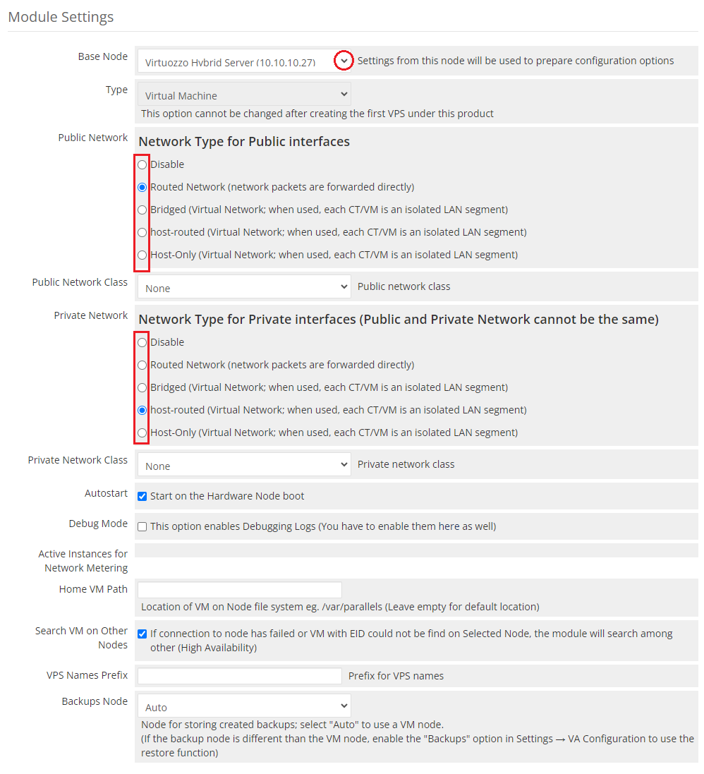 Virtuozzo Hybrid Server For WHMCS: Module Settings section with base node, type, and public and private network options