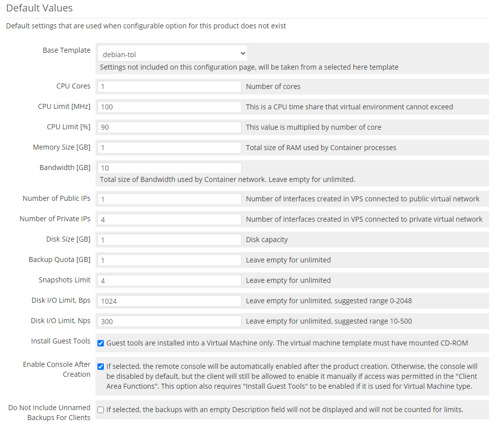 Virtuozzo Hybrid Server For WHMCS: Default Values section with base template, CPU, memory, disk and guest tools fields