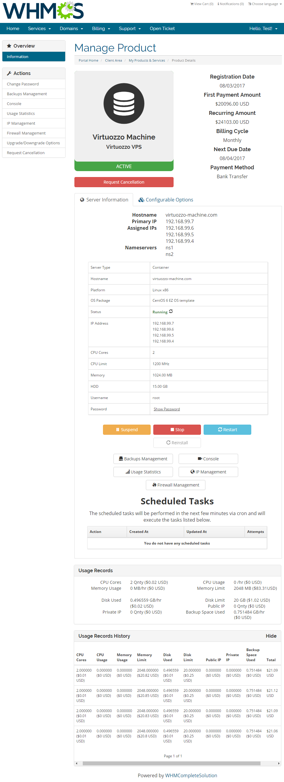 Virtuozzo Hybrid Server For WHMCS: client area product details with usage records and usage records history