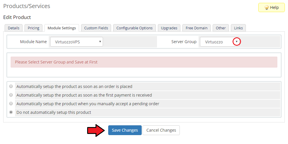 Virtuozzo Hybrid Server For WHMCS: product Module Settings tab with the Virtuozzo server group selected and Save Changes