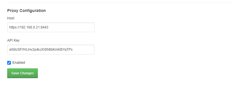 Virtuozzo Hybrid Server For WHMCS: Proxy Configuration settings with Host, API Key and Enabled filled in