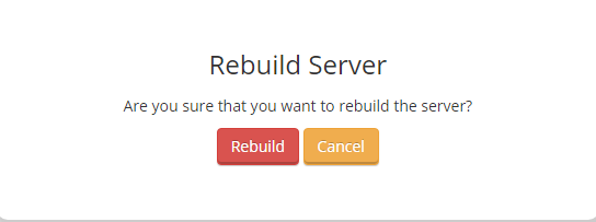 Virtuozzo Hybrid Server For WHMCS: Rebuild Server confirmation popup with Rebuild and Cancel buttons