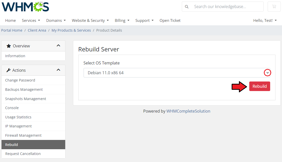 Virtuozzo Hybrid Server For WHMCS: client area Rebuild Server page with OS template list and Rebuild button