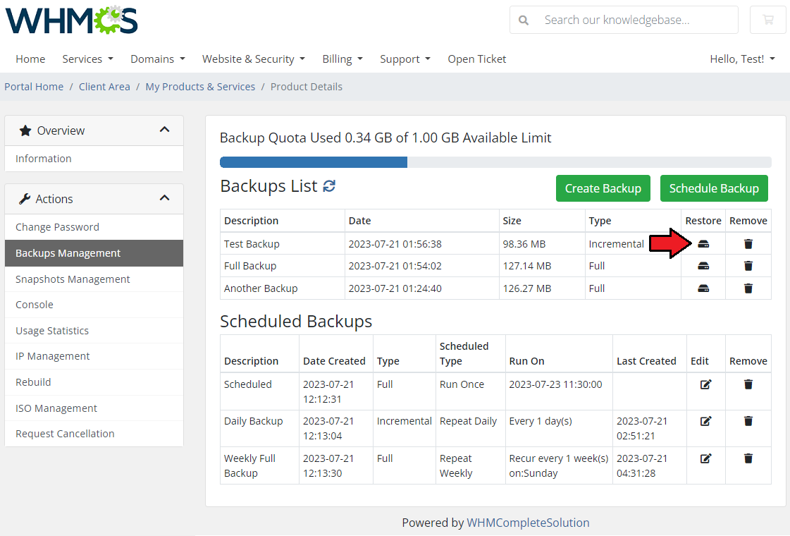 Virtuozzo Hybrid Server For WHMCS: client area backups list with the Restore icon of a backup